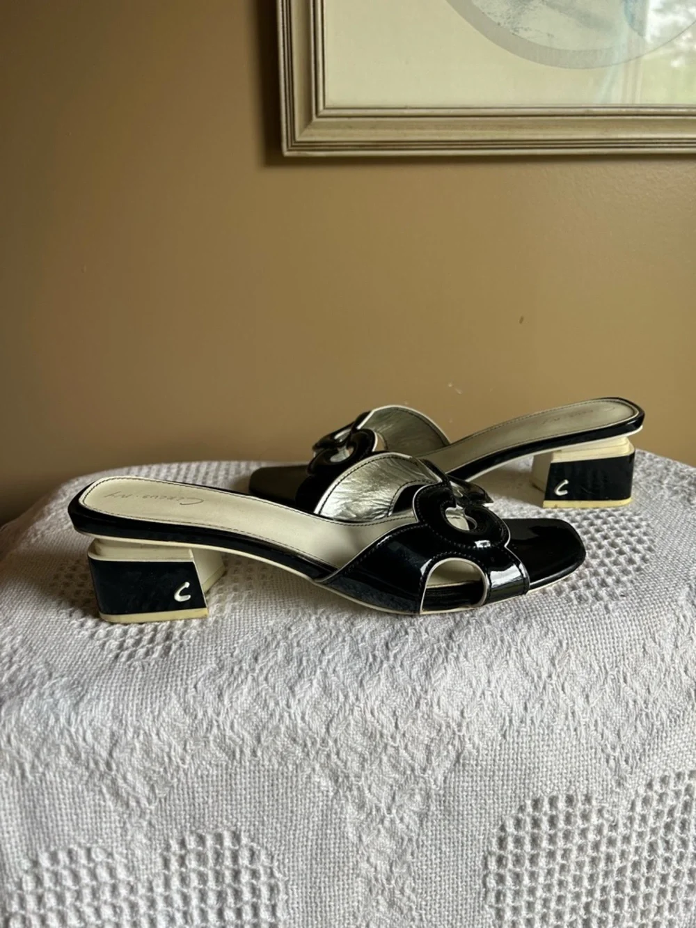 Black Patent Slide Mules with Ivory Accent Heel - Picture 8 of 11